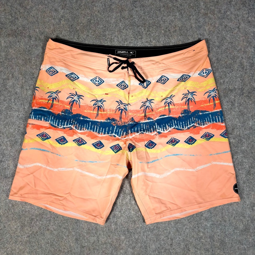 O'Neill Hyperfreak Board Shorts Mens 38 Peach Tropical Palm Tree Surf SP2106005
